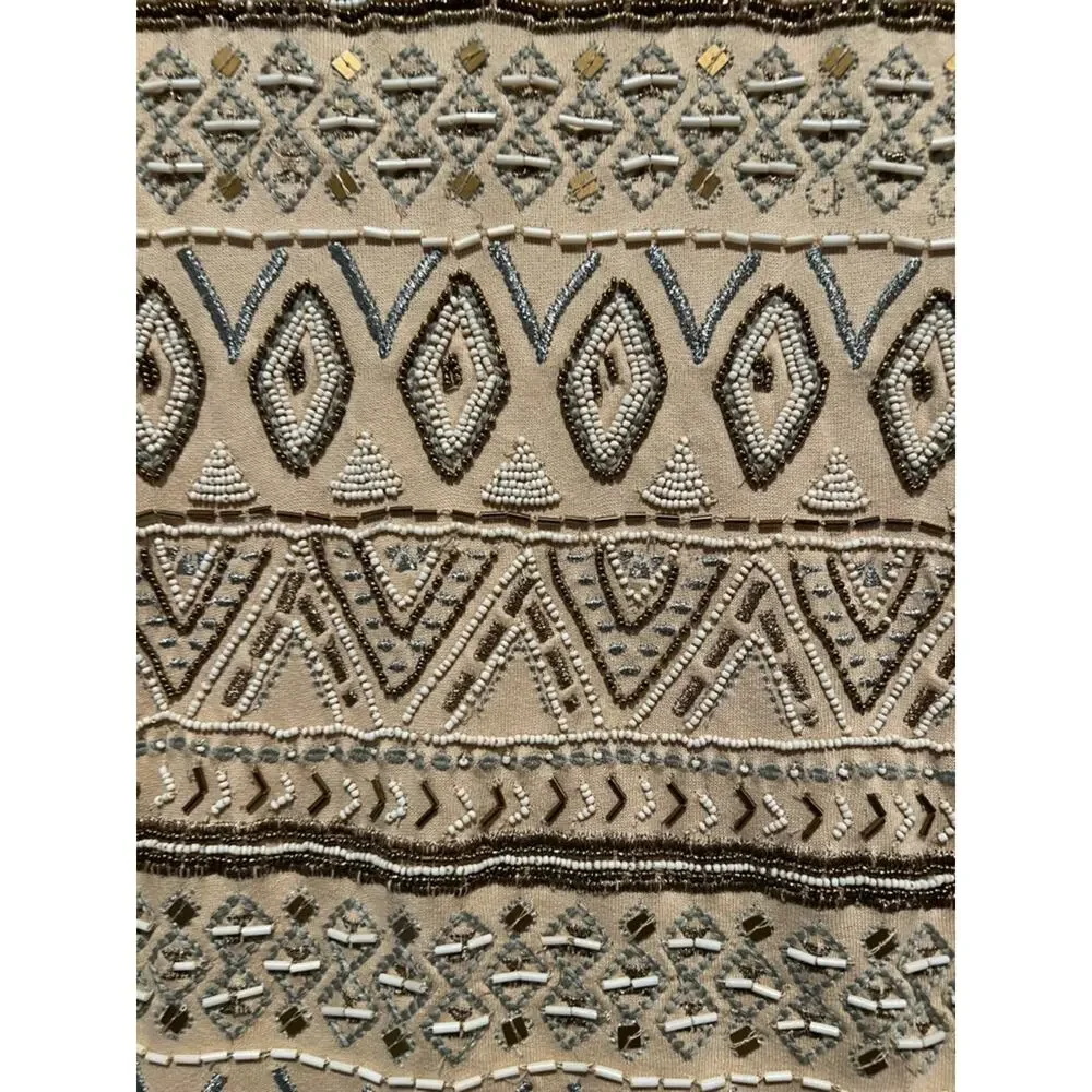 Free People Beaded Tunic Mini Dress Boho Embellished Geometric Tank Neutral